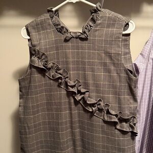 Lea & Viola Gray and Cream Plaid Ruffled sleeveless Large Top